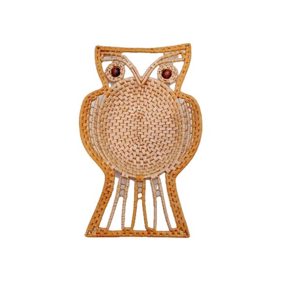Vtg MCM OWL Rattan Raffia Boho Wall Trinket Table Decor Nature - Picture 1 of 8